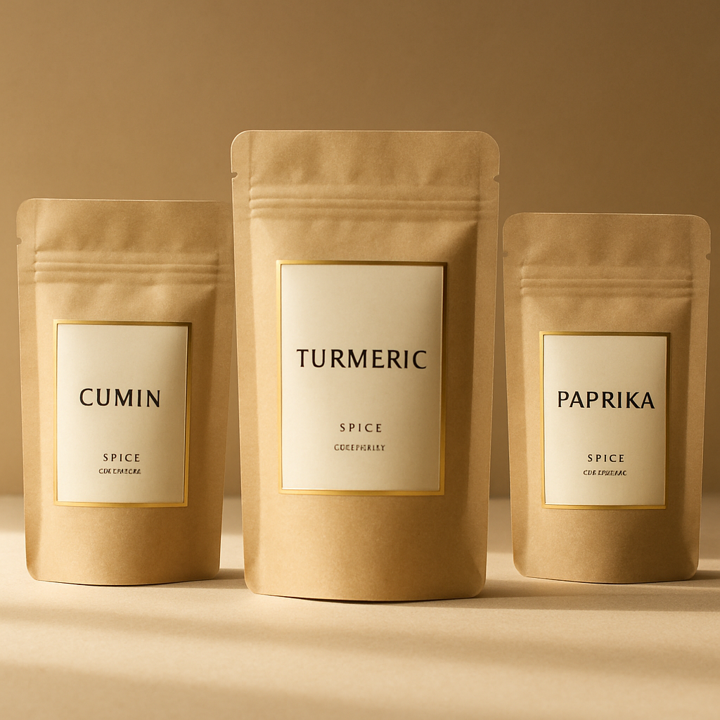 Premium spice packaging pouches in retail, wholesale and export sizes